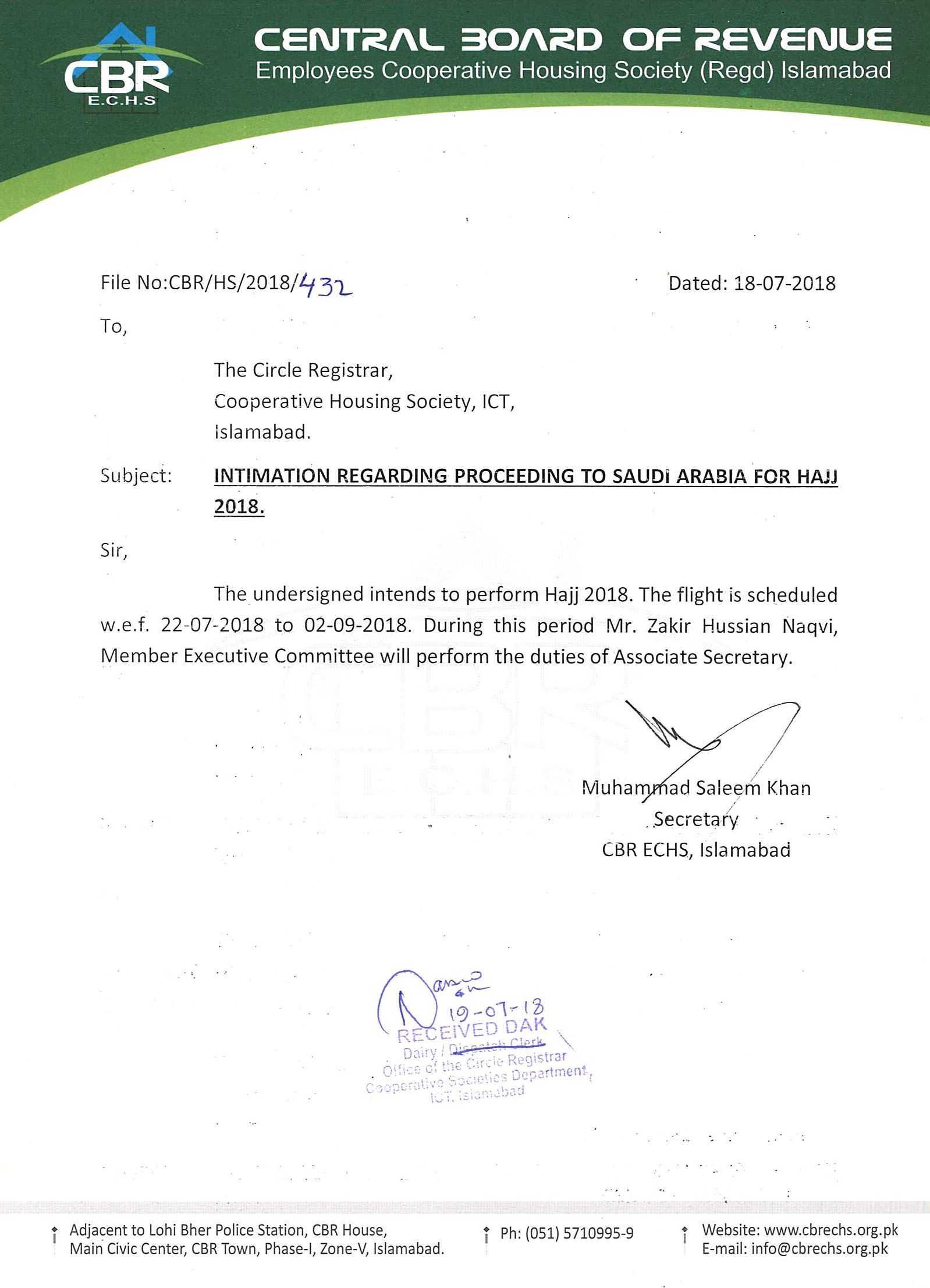 Secretary Proceeding for Hajj 2018